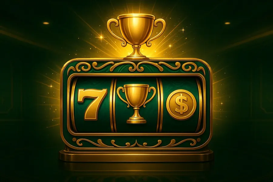 Here2Win promo art: a gold trophy over three reels showing a seven, a trophy and a dollar sign